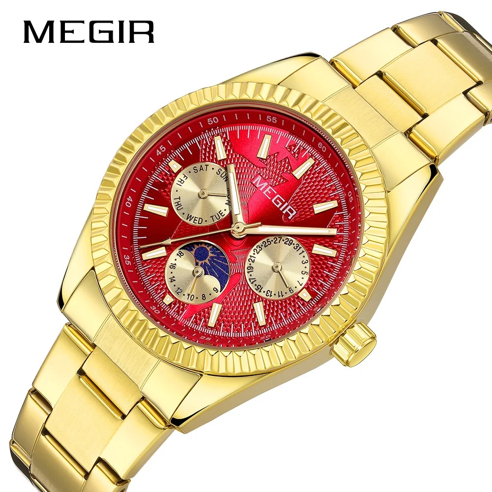 

Brand MEGIR 1102 Quartz Watch with Stainless Steel Strap Fashion Business Style Classic Wristwatch with Creative Day Date