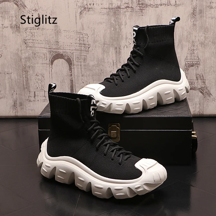 High -Top Knitted Socks Boots for Men White Black Thick Bottom Non- Slip Men's Shoes Sneakers Casual Man Breathtable Ankle Boots