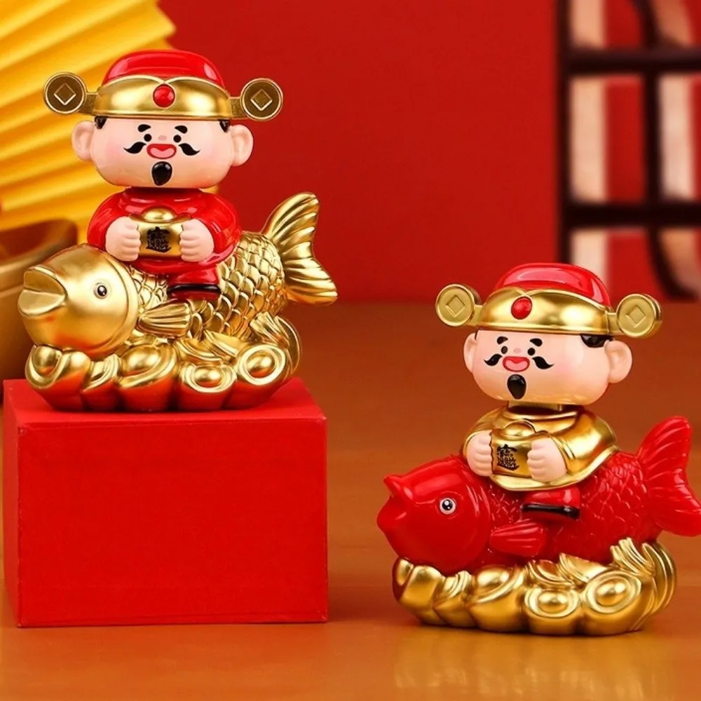Solar Powered Nodding God of Wealth Ornament Yuanbao Design Automatic Nodding Wealth Attraction Koi Decoration New Year Gift ABS