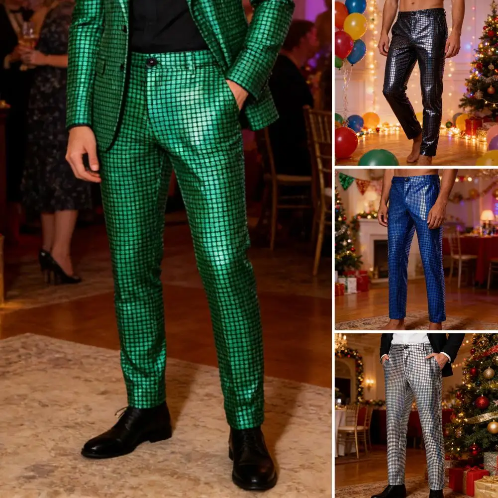 New Men Luxurious Sequined Checkered Suit Pants Fashion Male Dance Party Bar KTV Casual Dress Small Stretch Trousers.