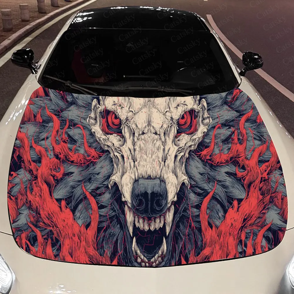 

Weird Skull - Wolf and Flame Design Auto Cover Sticker, Waterproof and Self-adhesive Auto Hood Decal, Auto Vinyl Wraps, Cool Car
