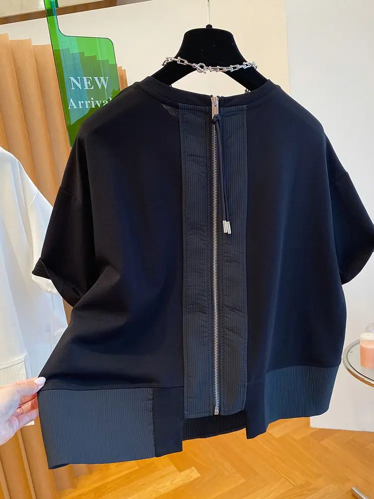 เสื้อยืดผู้หญิงไซส์ใหญ่ ทรงหลวม คอกลม แขนสั้น ดีไซน์ไม่สมมาตร ตัดต่อผ้า สไตล์ลำลอง แฟชั่นเกาหลี ใส่เป็นเสื้อตัวในได้