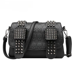 Women's black leather messenger bag luxury rivet black retro sexy skull punk flip bag