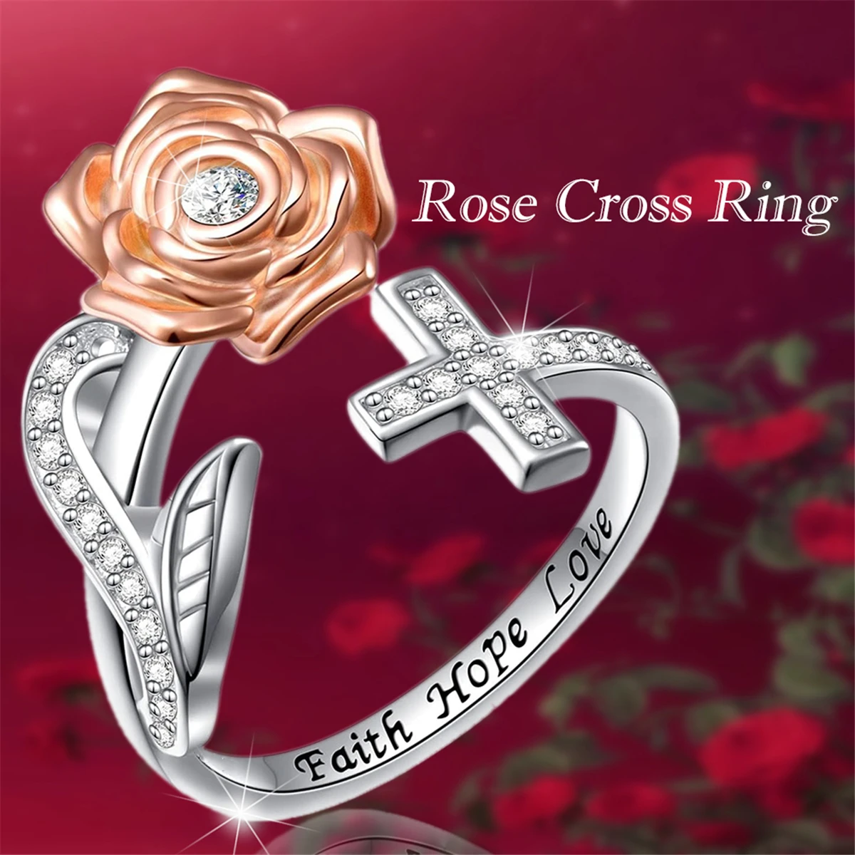 1Pc Exquisite Rose Cross Open Ring Elegant Women Engagement Jewelry Fashion Daily Accessories Perfect Gift for Valentine's Day