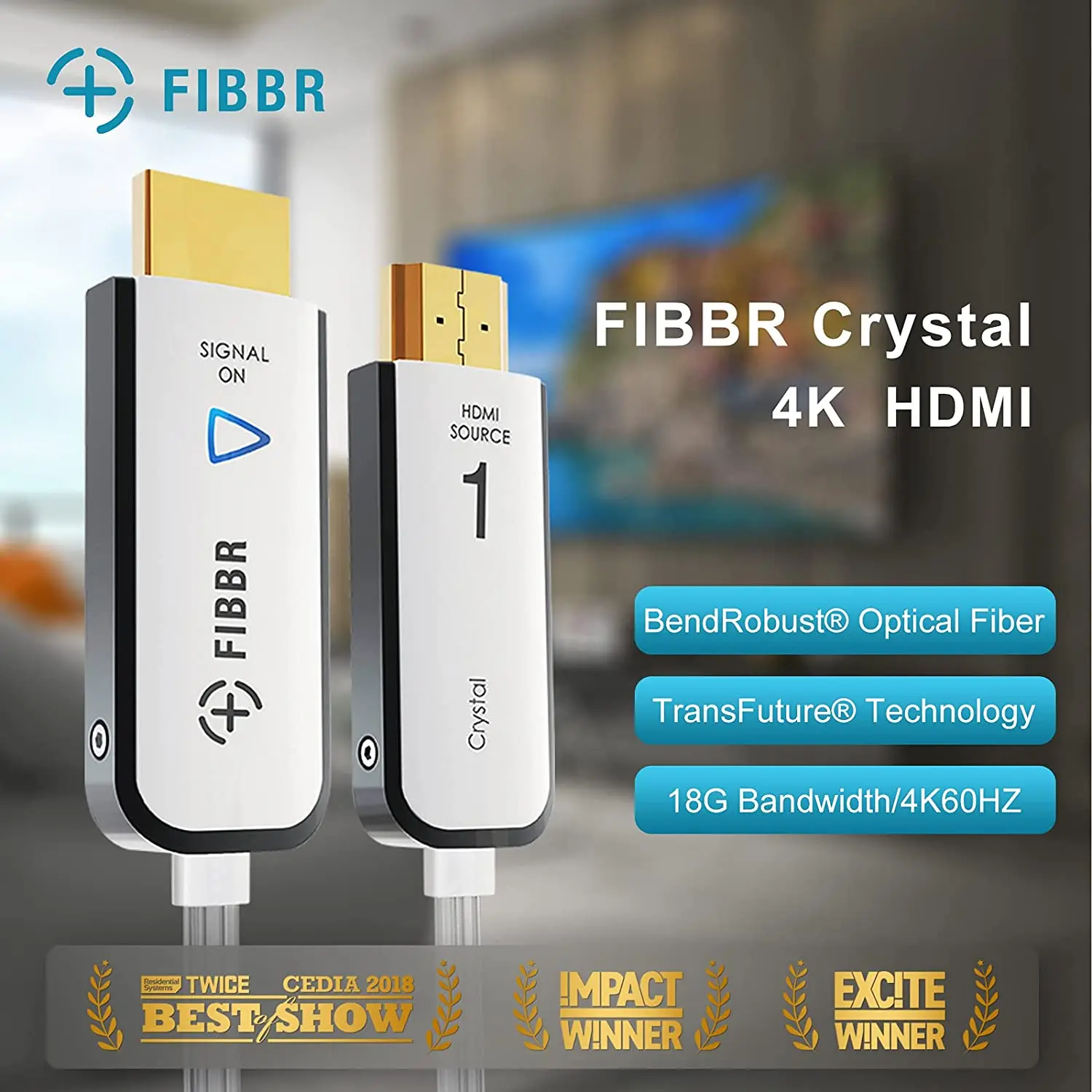 FIBBR Crystal HDMI 2.0 Cable 4K Fiber Optic HDMI Cable High Speed HDR10 Hdcp 2.2 Slim Flexible Hdmi Cable for HDTV, Xbox PS4 PC