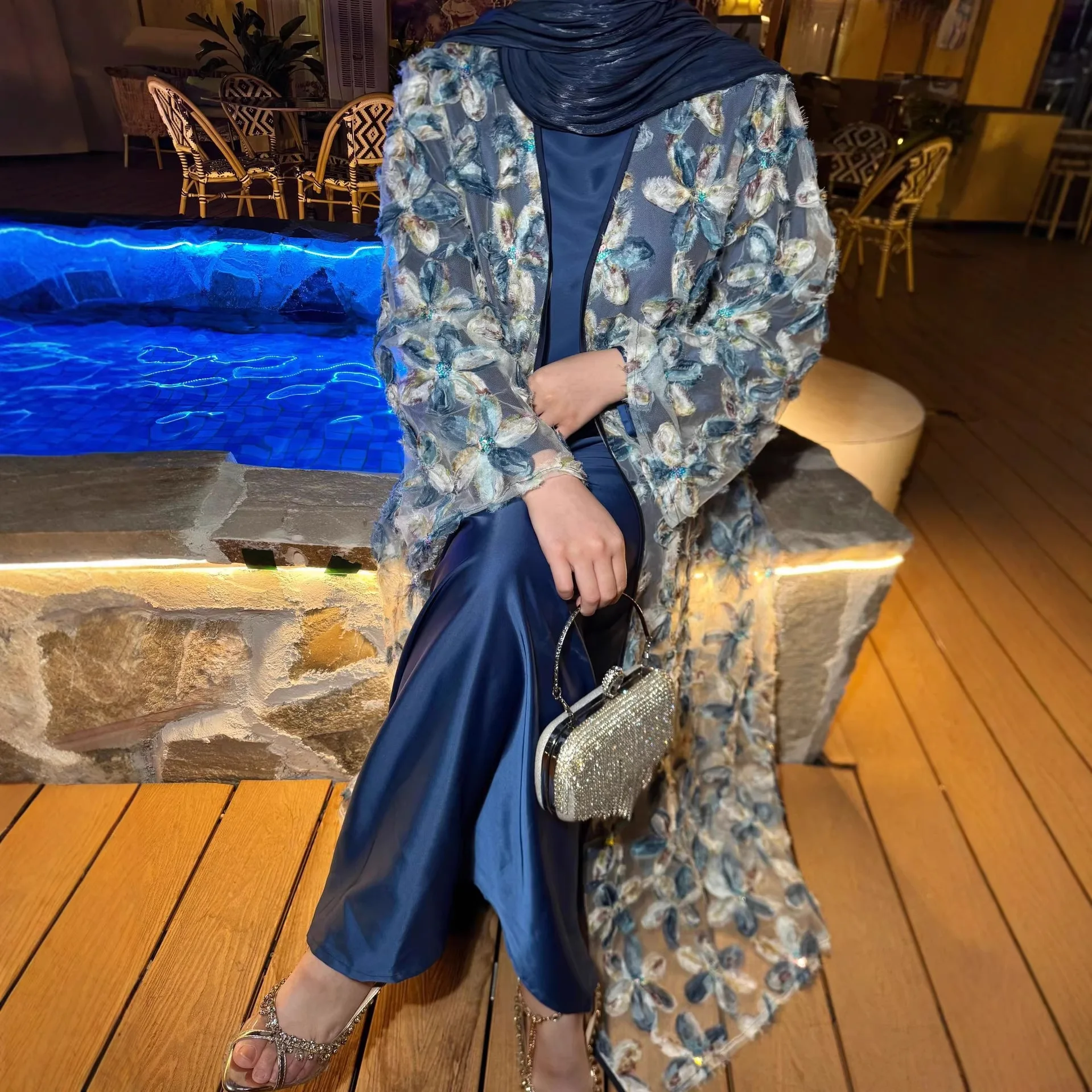 

2PCS EID Kimono Middle East Netted Pearls Modest Gorgeous Embroidery Abaya Suit French Sequined 3D Textured Floral Cardigan