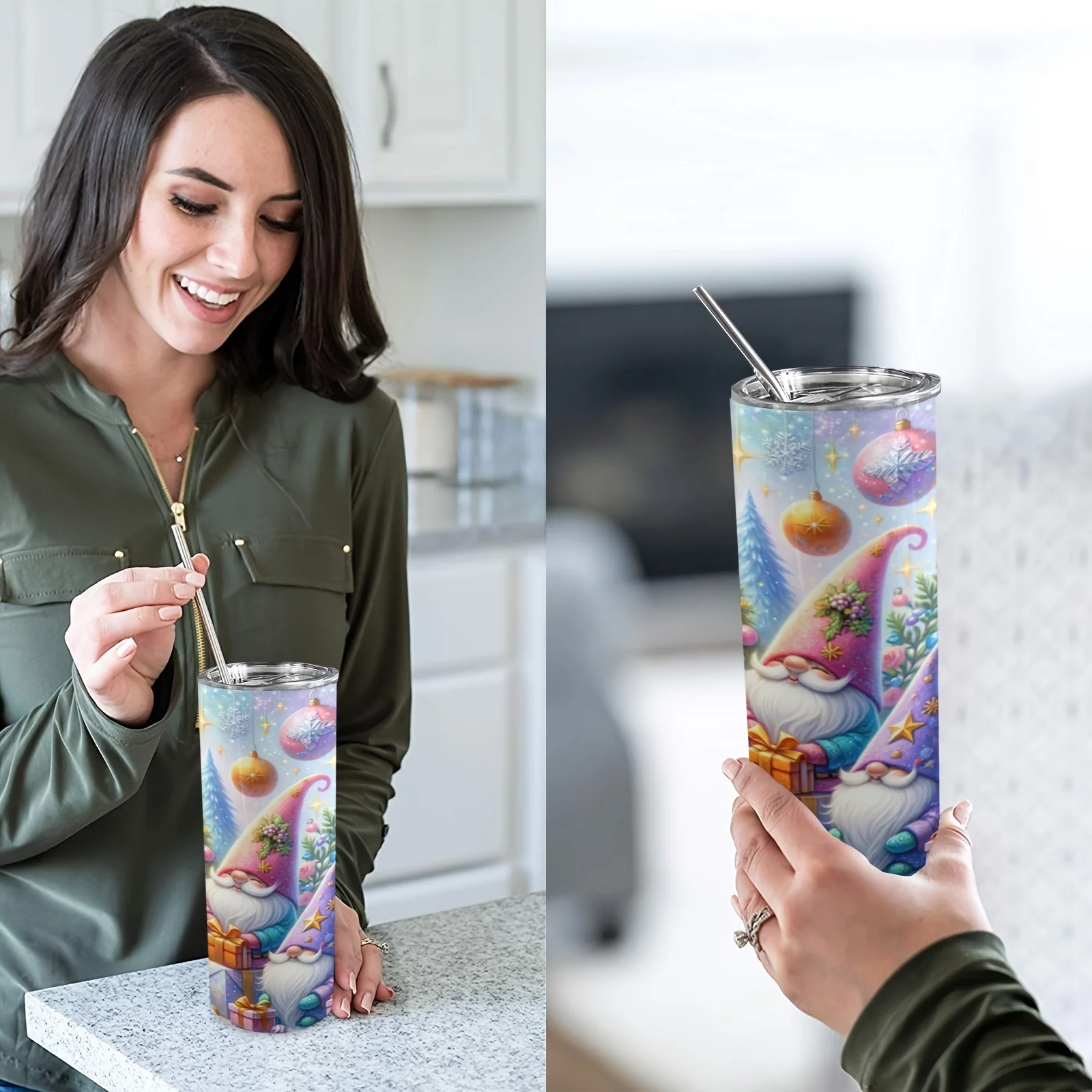 1pc 20oz Insulated Stainless Steel Tumbler with Festive Gnome and Christmas Tree Design – Hand Wash Only, Reusable, Multipurpose Beverage Mug - For Holiday Celebrations - Perfect Gift for Mom & Loved Ones - Ideal for Mother's Day & Valentine's Day