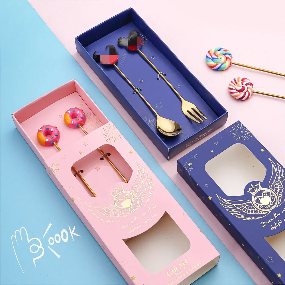 Edelstahl Löffel Gabel Nette Version Regenbogen Lollipop Donut Macaron Dessert Löffel Obst Gabeln Kinder Set Küche Zubehör