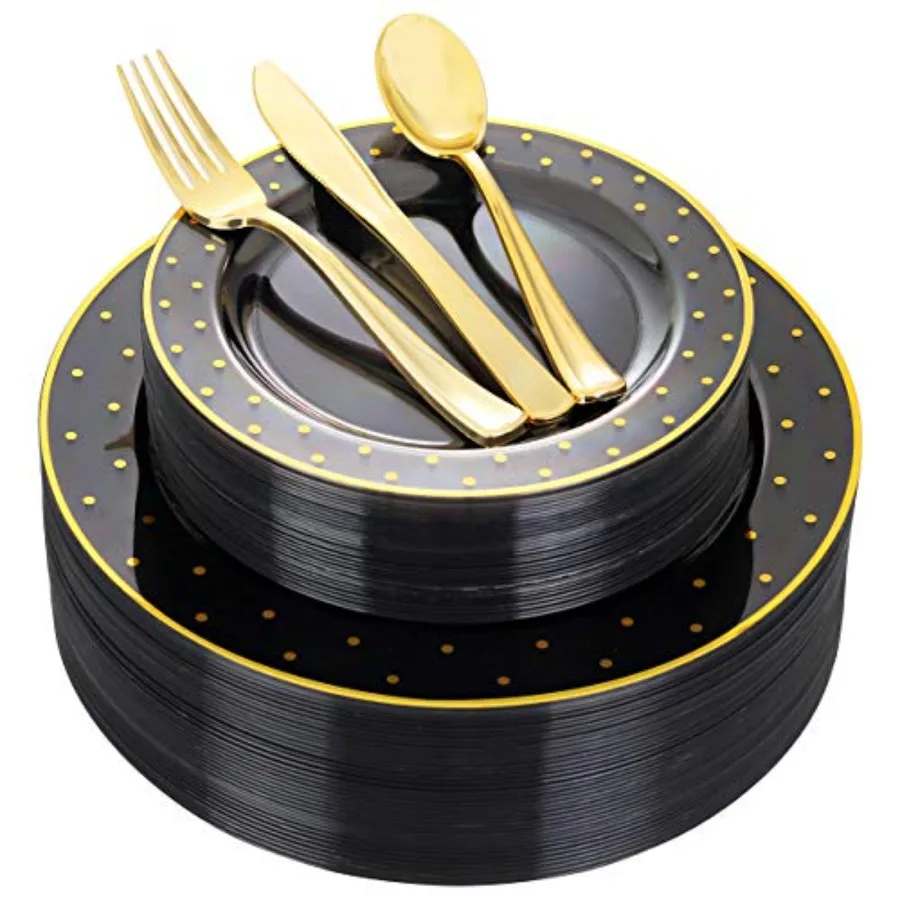 

200Pcs nd Blck Plstic Pltes with Sierwre, Blck Disposble Pltes for Prty Blck plies Includes 40 Dinner Plte, 40 Dert Plate, 40 F