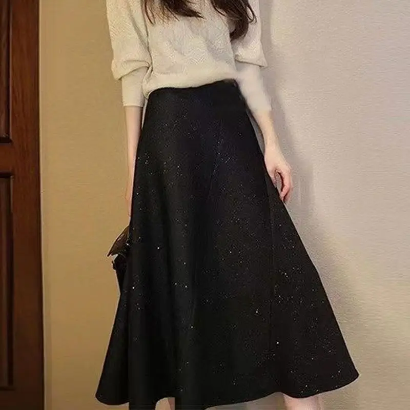 Simplicity rok midi wanita, rok A-line panjang menengah longgar pinggang tinggi mode Korea perca Solid musim gugur/musim dingin