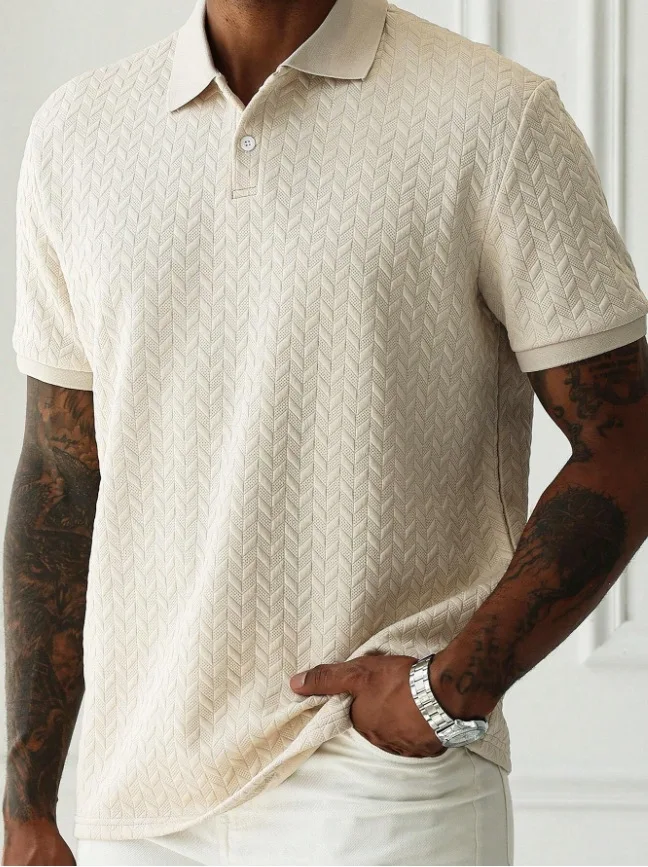 2026 New Style Fashion Men's Textured Polo Shirt Short Sleeve Jacquard Knitted Collar Top Summer Casual Business T-Shirt