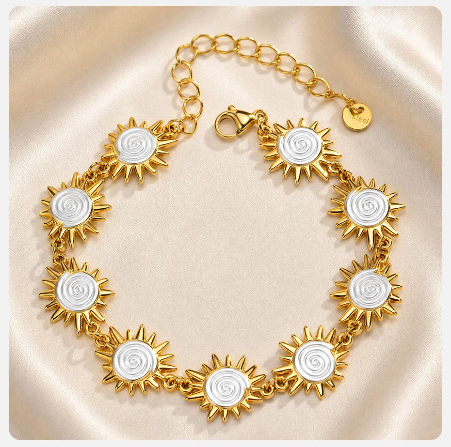 Vnox Bohemia Sun Spiral-Armband für Damen, trendiger Edelstahl, 18 Karat vergoldet, mehrlagig, stapelbar, Handgelenkskette, Strandschmuck – Detail 5