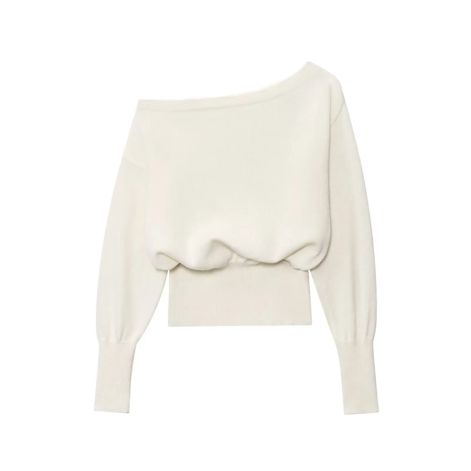2025 Autumn Women Ivory white Knitted Single Off Shoulder Sweater Knitwear Slim Rib Hem Full Sleeve Jumper High Waist Knitwear
