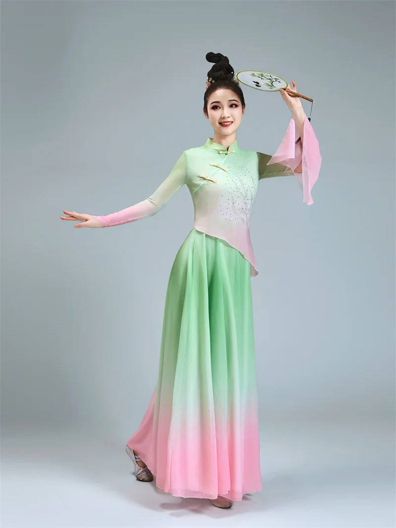 Modern Hanfu Women Chinese Folk National Dance Costume 2 Piece Long Sleeve Top Swing Circle Skirt Gradient Color Body Rhyme 3XL