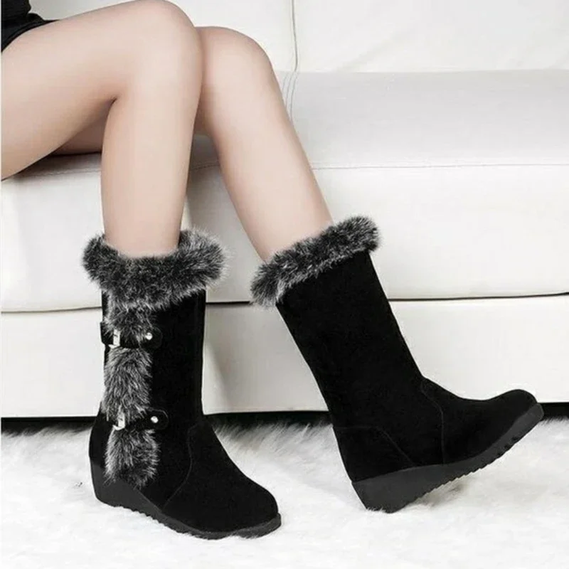 Nowe zimowe buty damskie Casual Warm Fur Mid-Calf Boots Shoes Women Slip-On Round Toe Wedges Snow Boots Shoes Muje Plus Size 42