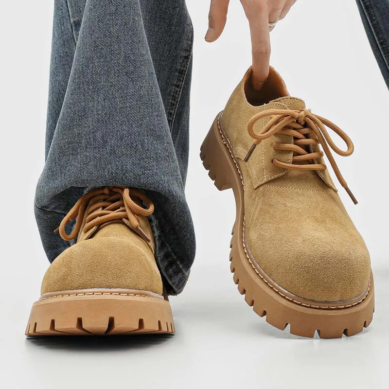 

Spring Men New Thick Soled Derby Shoes Gear Sole Anti Slip Wear-resistant Suede Like Casual Trendy Shoes