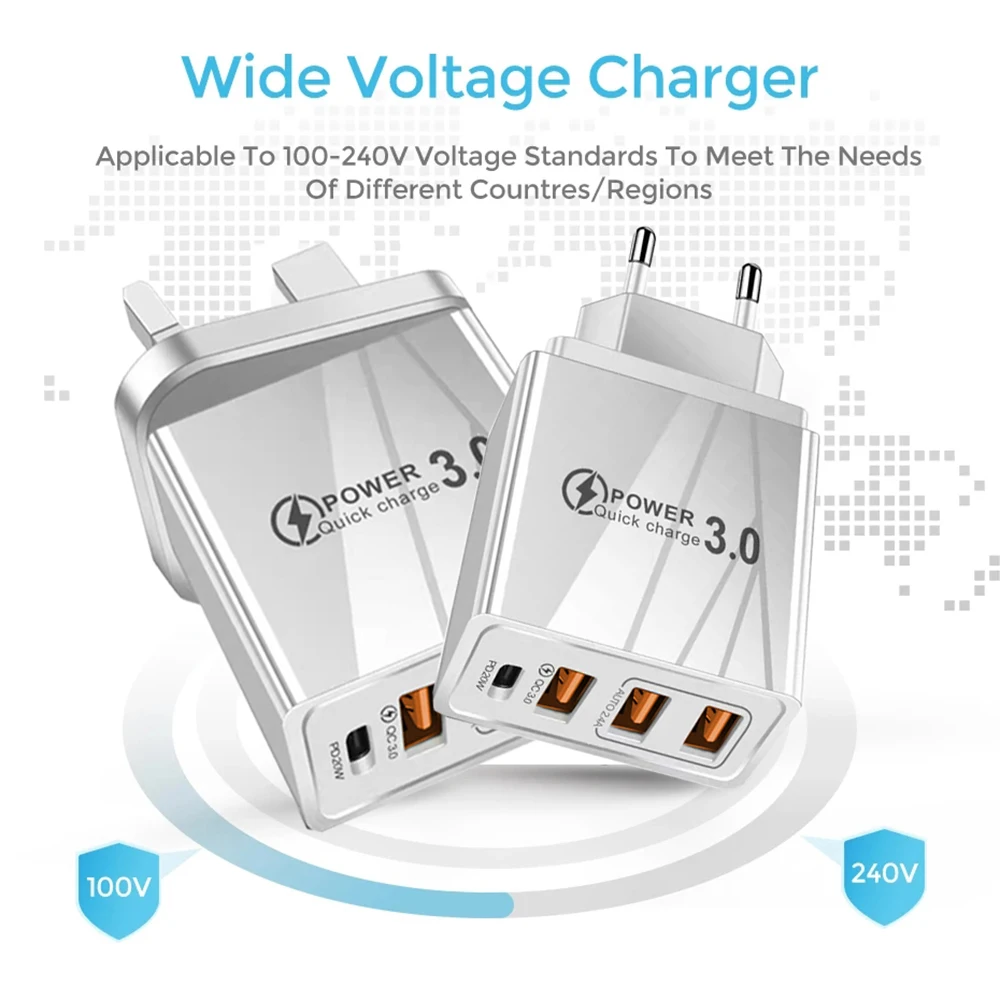 48W QC3.0 PD Type-C Fast Wall Charger Multi-Protocol Charging Adapter EU US Plug for iPhone Samsung Huawei Xiaomi Mobile Phone