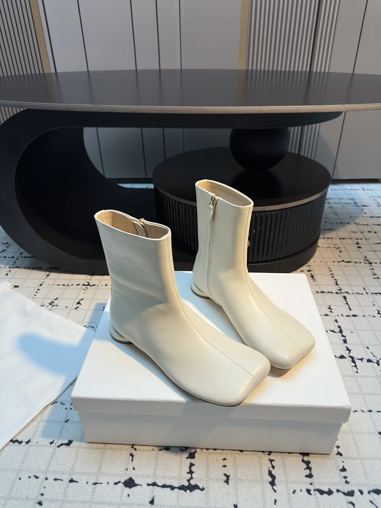 

Autumn Winter 2025 New Style Casual Style Square Toe Genuine Leather Design Women's Fashion White Short Style Leather boots