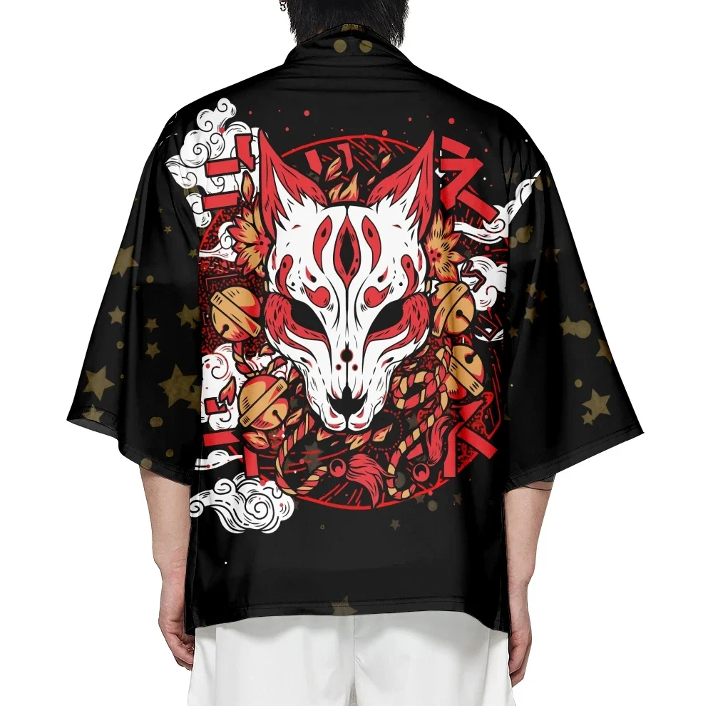 

Fashionable Plus Size Japanese Anime Fox Mask Print Kimono Cardigan for Men and Women - Loose Fit 4XL-6XL Cosplay Haori Shirts