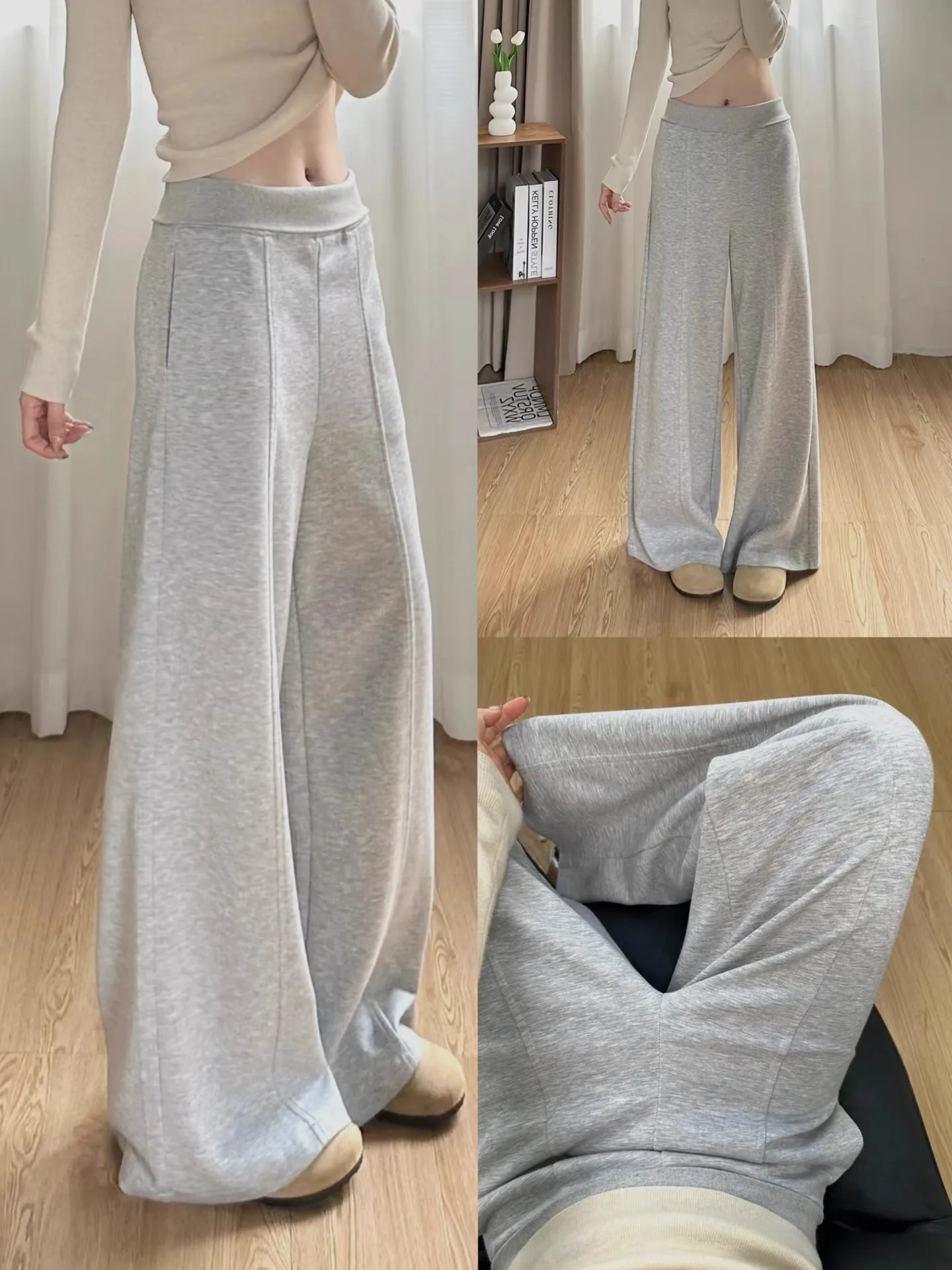 High Waist Wide Leg American Style Casual Pants Women's Light Grey Sporty Sweatpants Autumn Winter New Arrival Loose Fit