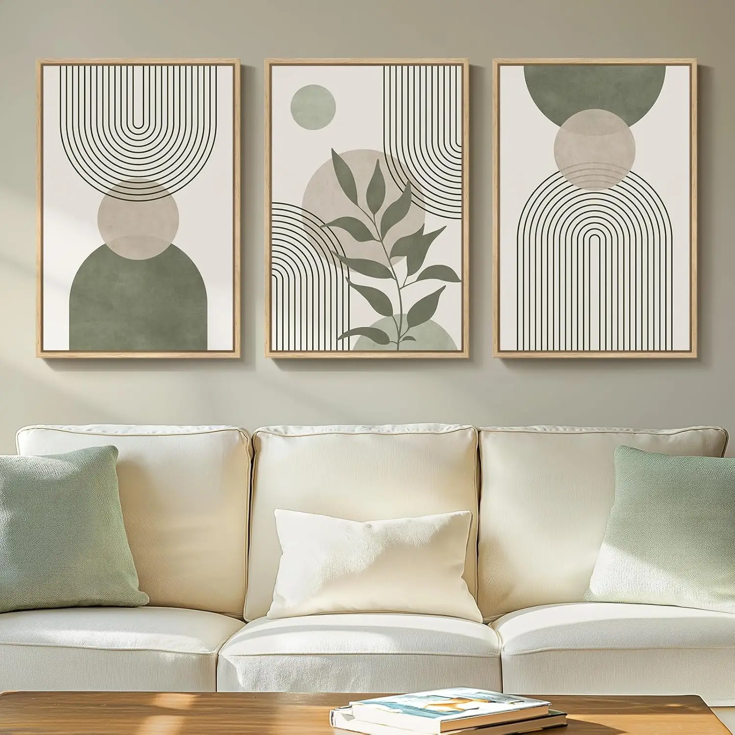 

Sage Green Boho Wall Art Set of 3, 16x24 Framed Canvas Prints for Living Room Bedroom Hallway