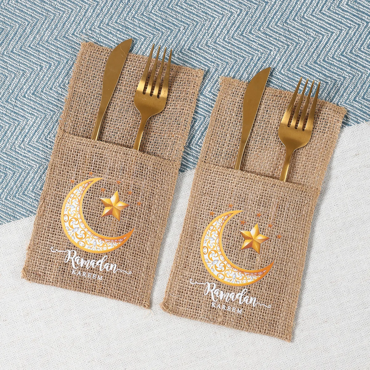 Ramadan Decor Bestekhouders Jute Mes Vork Tas voor Eid Mubarak Decoratie 2025, Islamitische Moslim Partij Eid Al Adha Geschenken