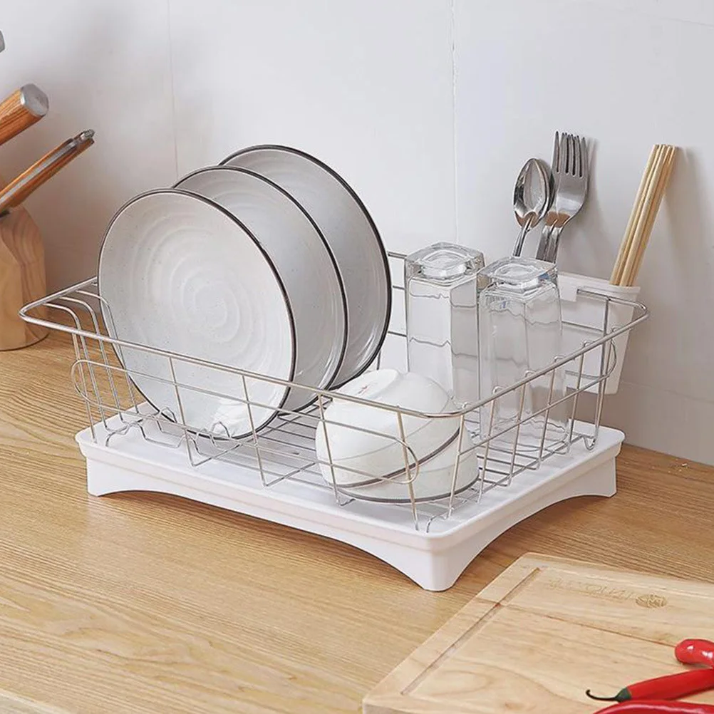 

Dish Drying Rack Utensil Holder Tableware Organizer Stainless Steel Single-Layer White Tray Premium PP Lightweight Easy
