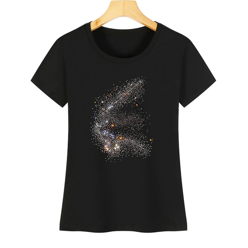 

Fashionable women's summer short-sleeved casual T-shirt with shiny rhinestone and Milky Way geometric design