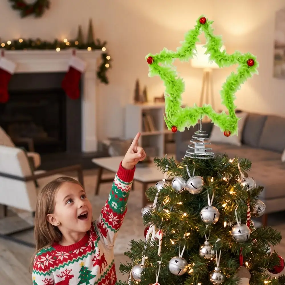 Furry Christmas Tree Topper Creative Design Hollow Out Holiday Tree Topper Ornaments Light-Up Star Decoration