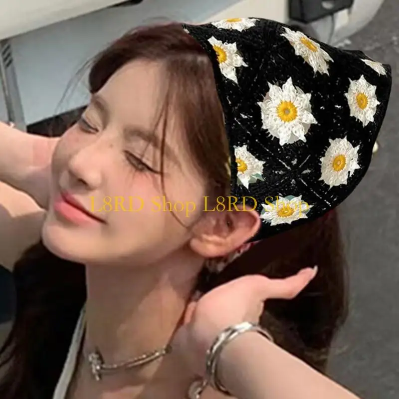 L8RD Crochet Bandana Head Kerchief Hair Scarf Knitted Hair Scarves Tie Back Floral Headwrap Triangular Head Scarf for Women