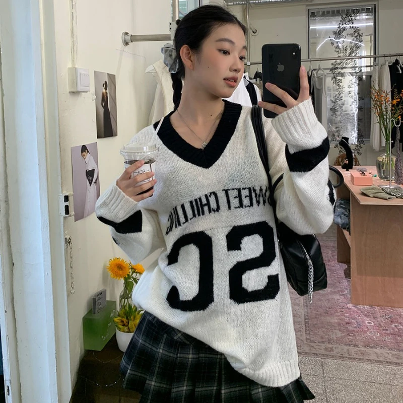 

Women Letter Printing Knitted Pullovers American Style Retro Autumn New V-neck Long Sleeve Loose Color Blocking Top