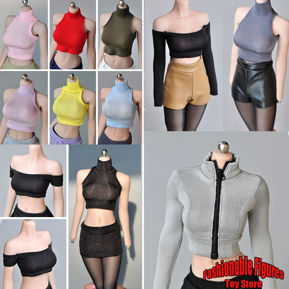 1/6 Female Soldier Skirt One-Shoulder T-Shirt Vest Stretch Zipper Tights Khaki Long Sleeve Jacket Leather Shorts Pencil Trouser