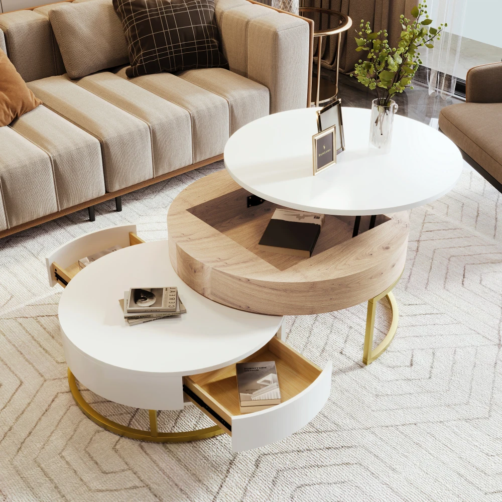 Modern Round Height-adjustable Nesting Coffee Table Hydraulic Lift Function for Flexibility and Convenience Adds A Modern Touch and Visual Appeal Smooth and Durable Includes Two Drawers for Convenient Storage Available in White and Natural Wood Tones