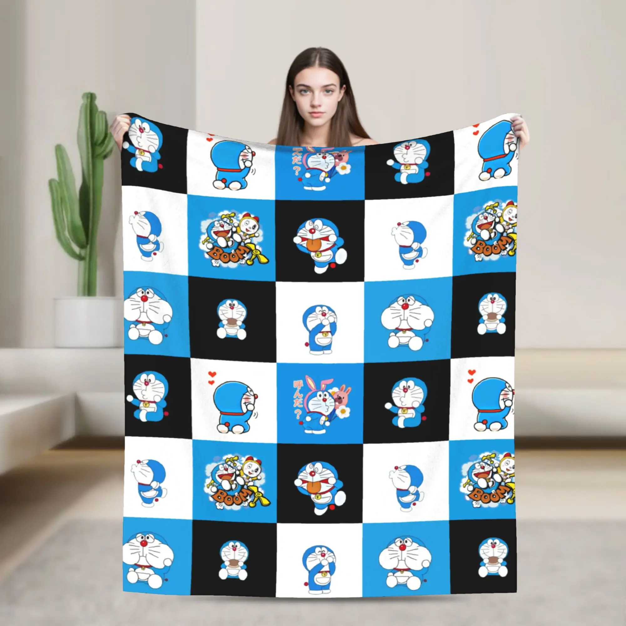 Custom Checkered Plaid Robot Cat D-Doraemon  Blanket 3D Print Soft Flannel Fleece Warm Anime  Throw Blankets for Home Bedding