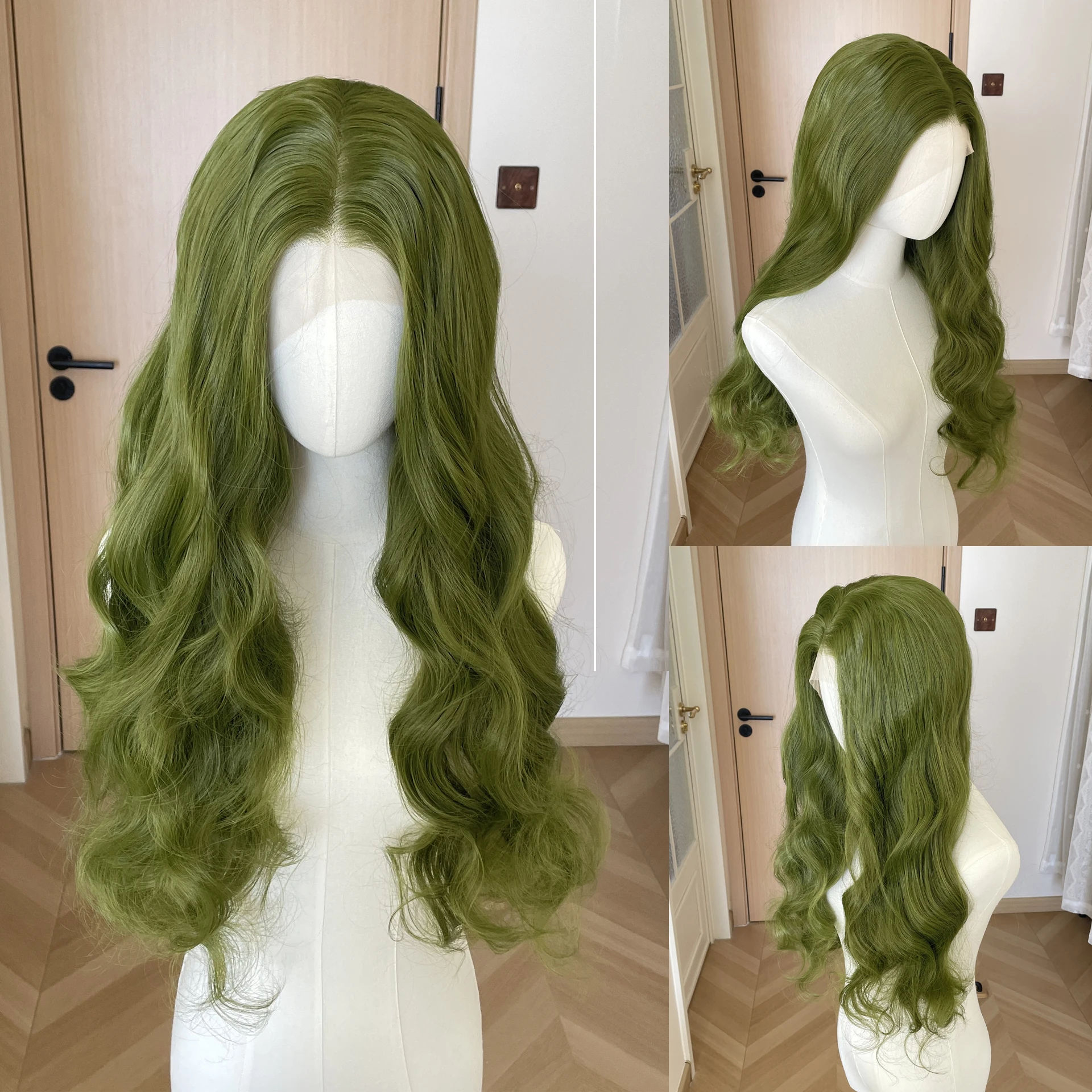 Pelucas sintéticas Matcha Green 13X4 con encaje frontal para mujer, a la moda, de 26 pulgadas de largo, onduladas, sin pegamento, con raya libre, 150% de densidad