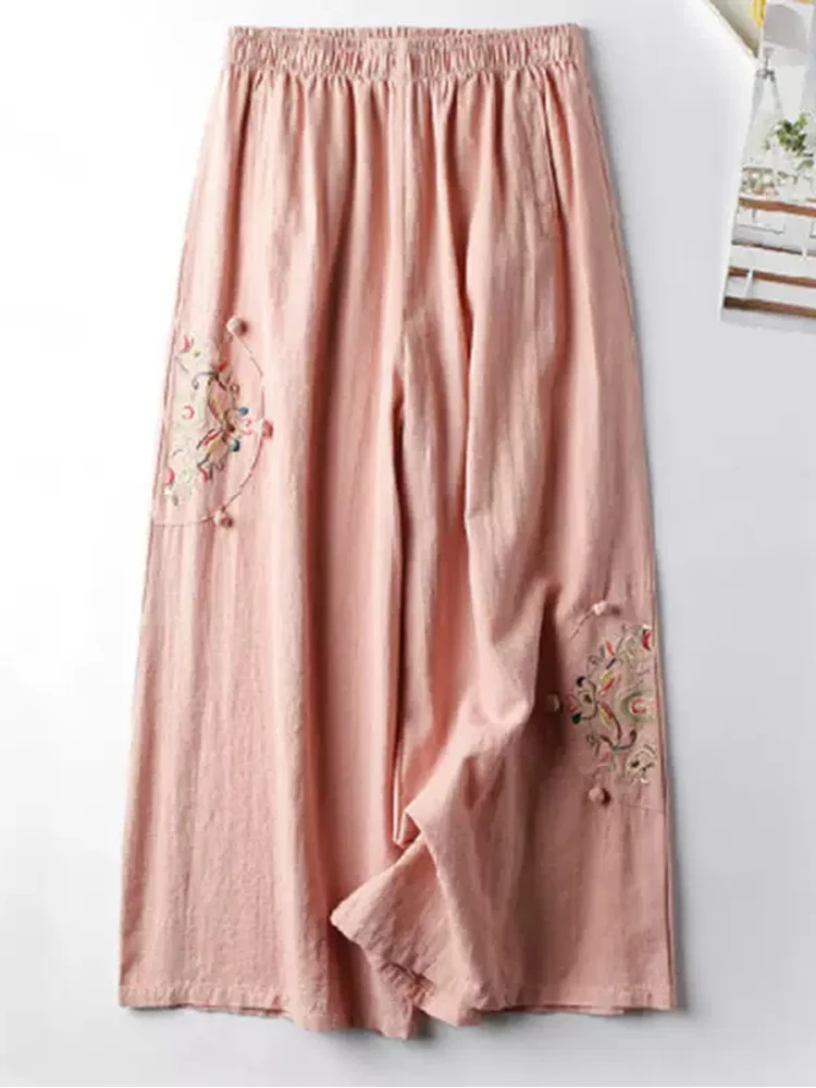 Baumwolle Gemischt Weibliche Hose 2024 Damen Beiläufige Gerade Hosen Blume Stickerei Lose Breite Bein Hosen für Frauen Pantalon Femme