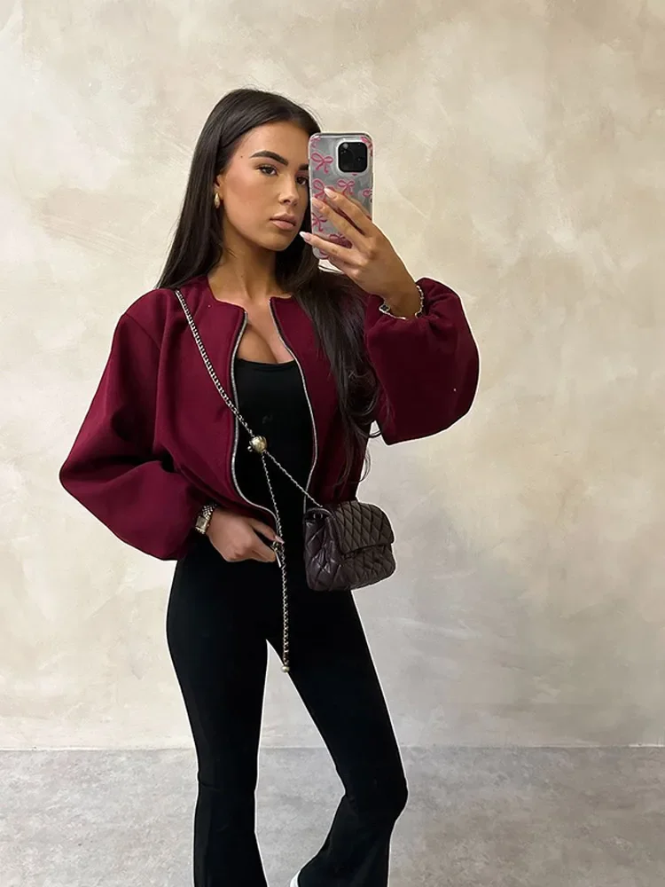 Simple Elegant Solid Color Round Neck Zipper Jacket Woman Loose Pocket Long Sleeved Short Coats 2025 Lady Spring Streetwear New