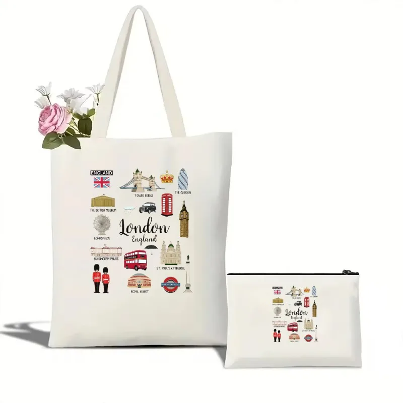 

2pc London Tote Bag London Travel Tote Bag Women's Casual Canvas Tote Bag London Zippered Cosmetic Bag London Landmarks Tote Bag