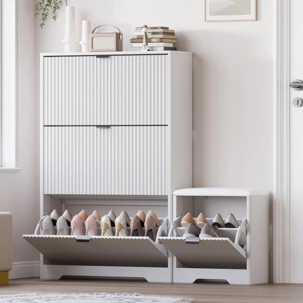 

Slim Shoe Cabinet with Bench for Entryway, Hidden Storage and Adjustable Shelves, Free Standing Wooden Shoes Organizer for Foyer