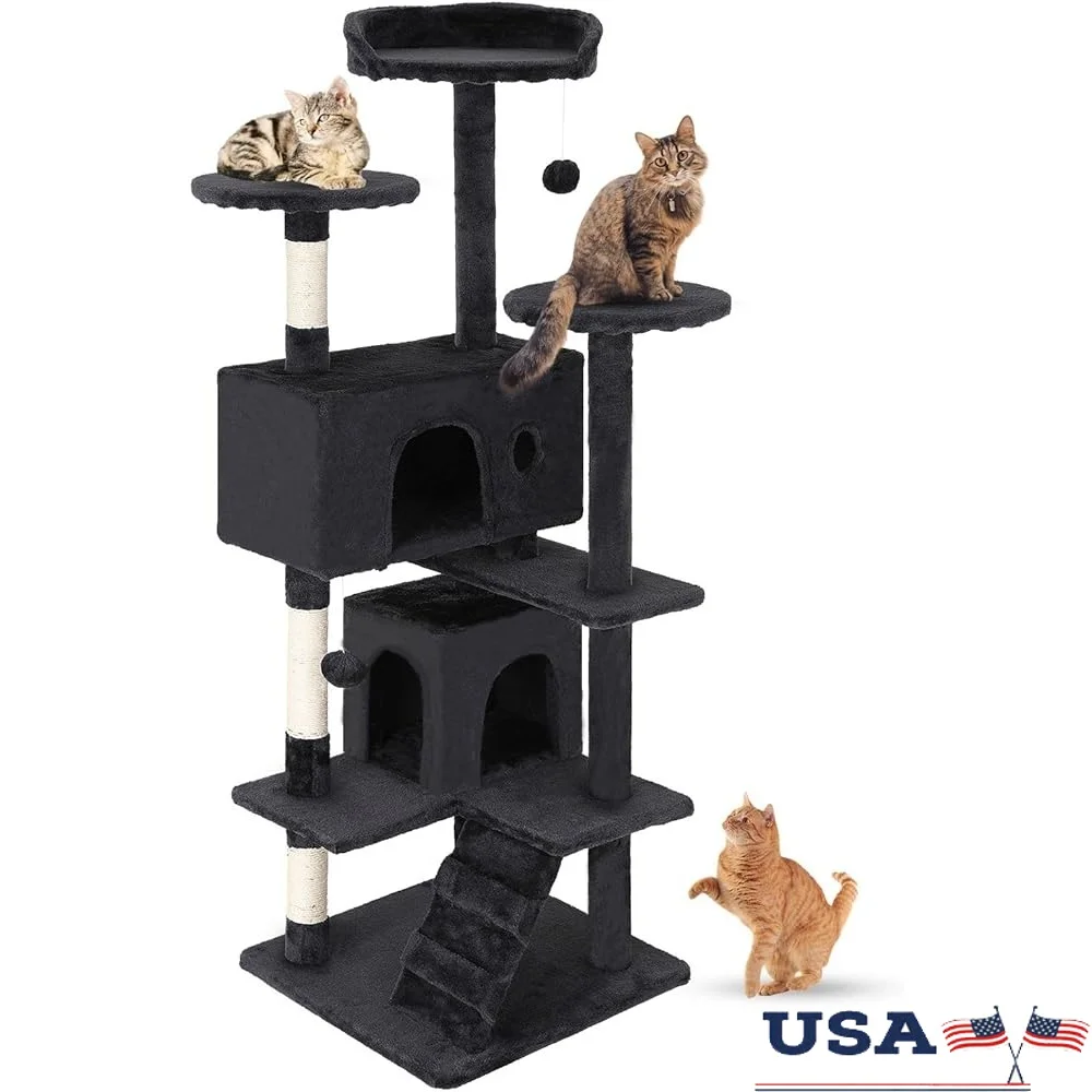 

Multi-Level Cat Tree 54in Durable Cat Tower Cozy Cat Condo Scratching Post Fun Jumping Platform Space Saving Pet Playhouse