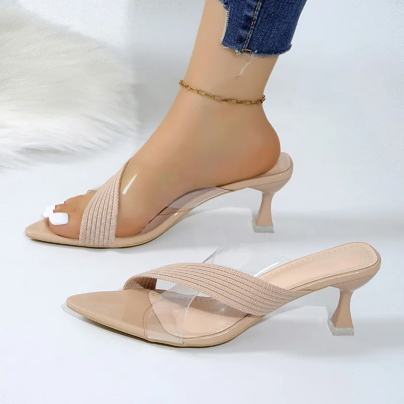 Women's Nude Knit & Clear Strap Heeled Mules - Square Toe 6CM Kitten Heel Slip-On Elegant Summer & Party Sandals