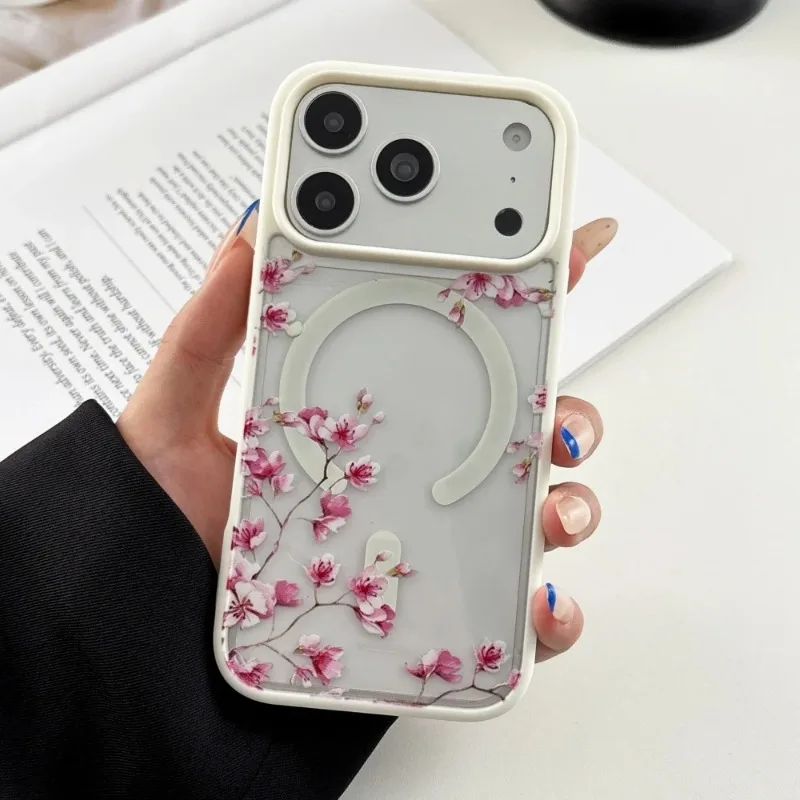 INS Pink Cherry Flower Clear Background Design Phone Case For iPhone 18 17 15 14 13 16 Pro Max Plus For Magsafe Charge Cover