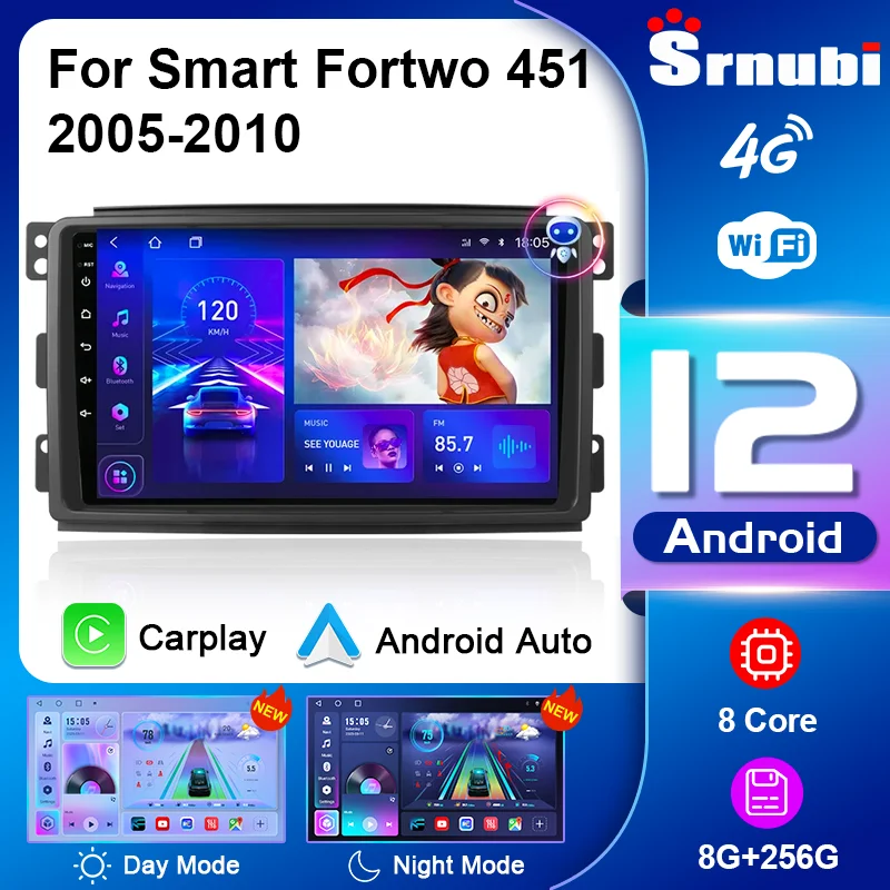 

Android 12 Carplay Auto Car Radio for Smart Fortwo 451 2005-2010 Multimedia Player 2 Din Navigation GPS Stereo Audio Head Unit