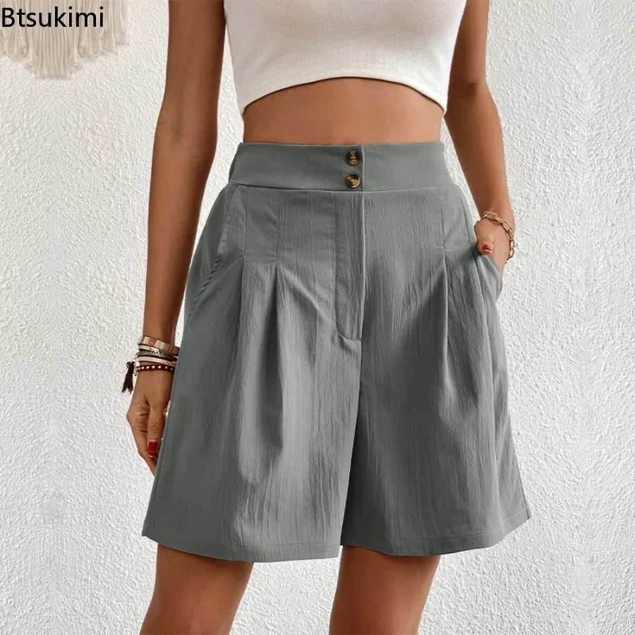 Fashion Summer Women's Solid High Waist Wide Leg Shorts Comfortable Double Button Design Straight Loose Casual Short Pants Femme