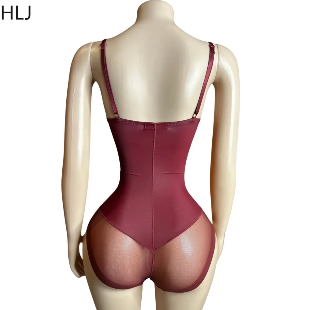 HLJ Sexy Solid V Neck Spaghetti Strap Slim Bodysuits Women Sleeveless Backless High Stretchy Bodycon Rompers Female Clubwear