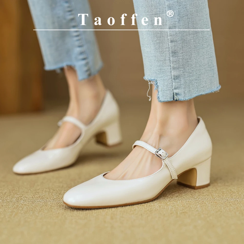 

Taoffen Casual Women's Pumps Genuine Leather Round toe Buckle Strap Mary Janes Pumps Solid Comfortable Thick Heel Office Shoes