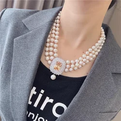 20'' 3 Strands Natural White Pearl CZ Connector Long Necklace Handmade For Lady