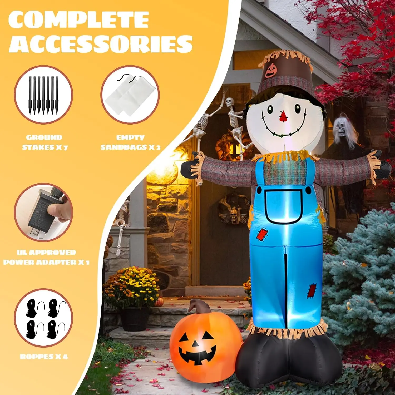 8 FT Inflatable Scarecrow Decorations with Pumpkin Built-in LEDs for Yard Halloween Outdoor Holiday Decorations