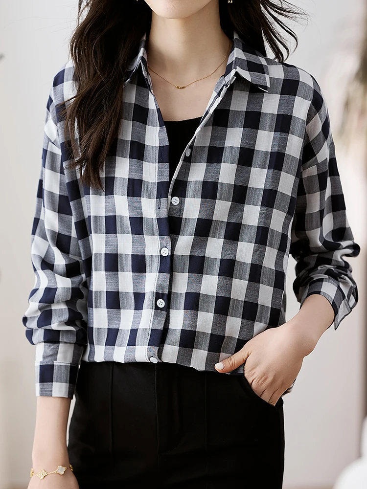 

QOERLIN Plaid Shirts Women Turn-Down Collar Long Sleeve Loose Casual Check Black Blouse Office Ladies Elegant Casual Tops Shirts