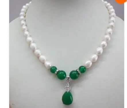 Lovely Fine 9-11MM Natural south sea Genuine White Pearl Necklace green gem pendant 17inch Nobility Woman's jewelry Girl gift